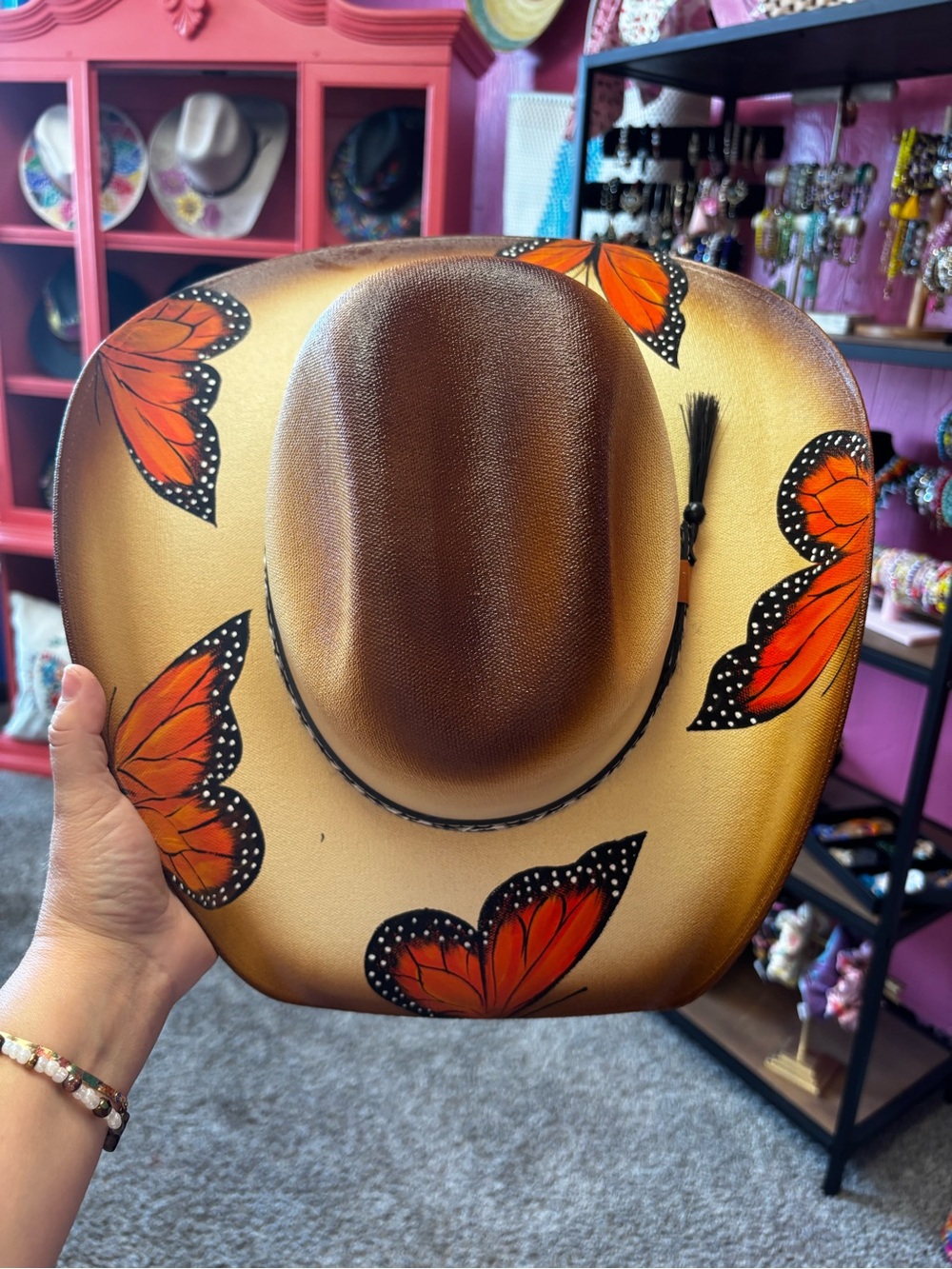 Hand-Painted Tan Cowboy Hat with Orange Butterfly Accents